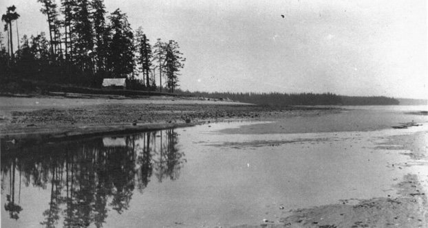 Green's cabin viewed from the East. According to Jim Spilsbury: "About 1932 the derelict cabin was considered a hazard and it was burned down."
(Source: Spilsbury's Album by Jim Spilsbury, Harbour Publishing, 1990, www.harbourpublishing.com)
