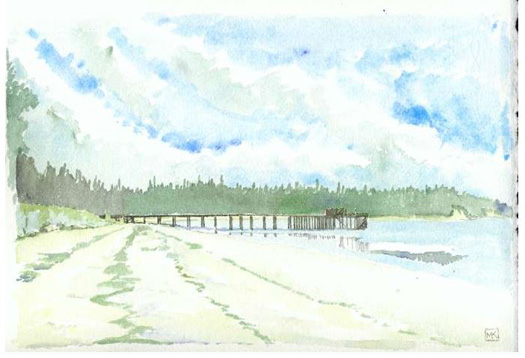 The Dock looking west 
(2003 water-colour by  Michael Kluckner)

